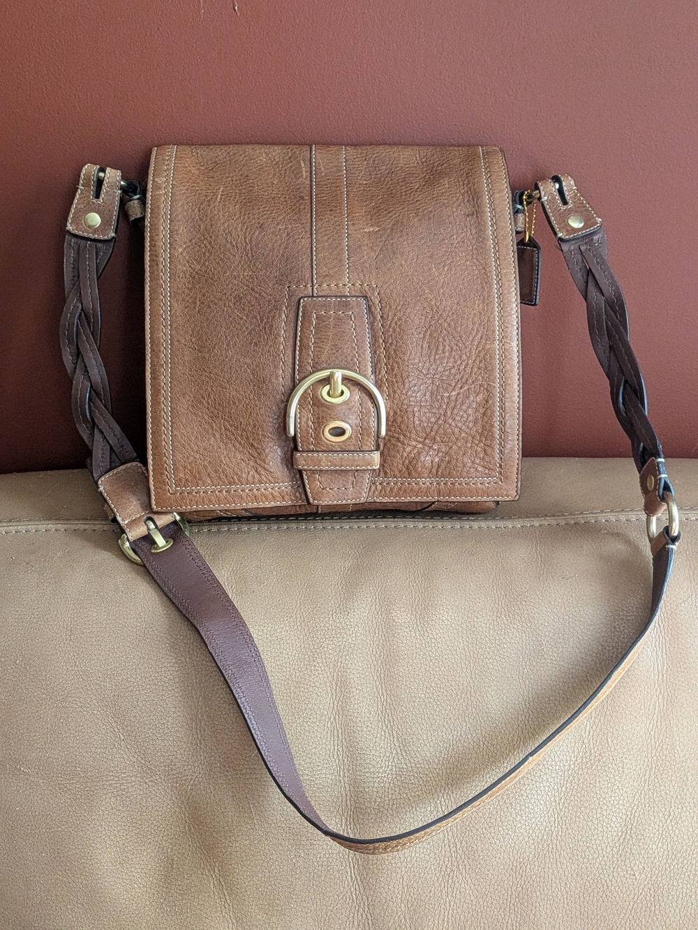 Coach Brown Leather Crossbody Bag with Braided Strap